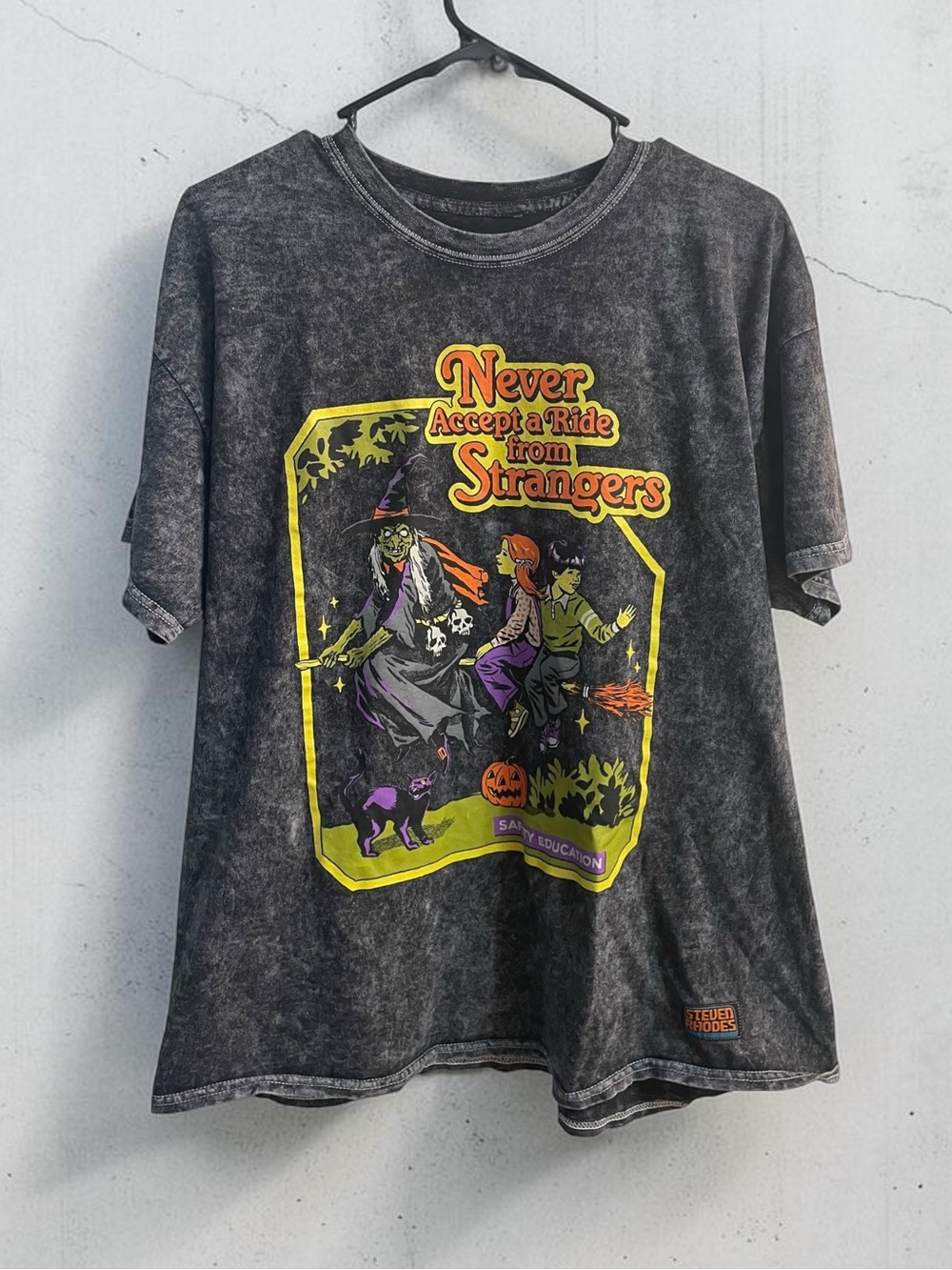 Steven Rhodes Never Accept a Ride From Strangers Acid Wash Graphic Tee Horror